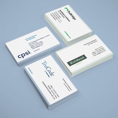 CPSI Business Cards, multiple versions selected during personalization, four stacks of business cards