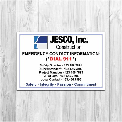JESCO Construction, Emergency Contact Sign, signage product thumbnail